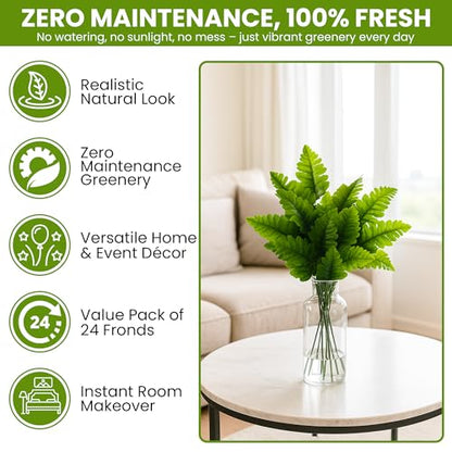 Iconikal 24-Pack Artificial Silk Leather Leaf Fern Fronds, 16-Inch, Wedding Décor Floral Accents
