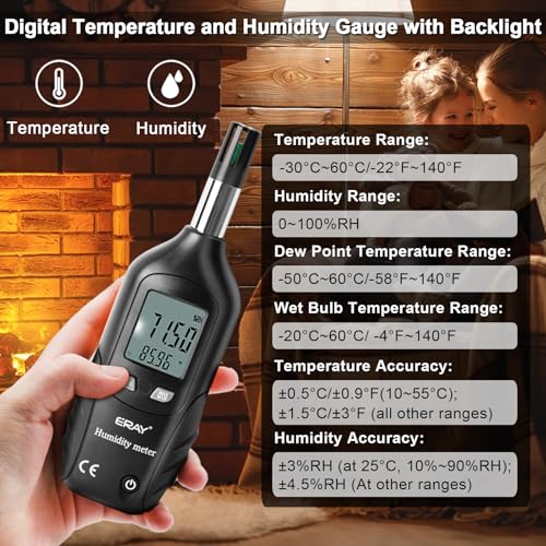 ERAY Digital Psychrometer Thermometer Hygrometer with Backlight, Temperature and Humidity Reader Meter Thermo-Hygrometer with Dew Point and Wet Bulb Temperature, 9V Battery Included(Black) - color: Black