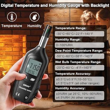 ERAY Digital Psychrometer Thermometer Hygrometer with Backlight, Temperature and Humidity Reader Meter Thermo-Hygrometer with Dew Point and Wet Bulb Temperature, 9V Battery Included(Black) - color: Black