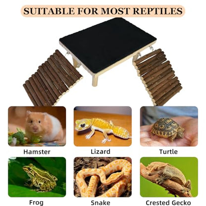 Wooden Bearded Dragon Platform Reptile Basking Platform Climbing with Slate Stone Tank Accessories for Leopard Gecko Lizard Tortoise Snake (Large Applewood) - size: Large(B)