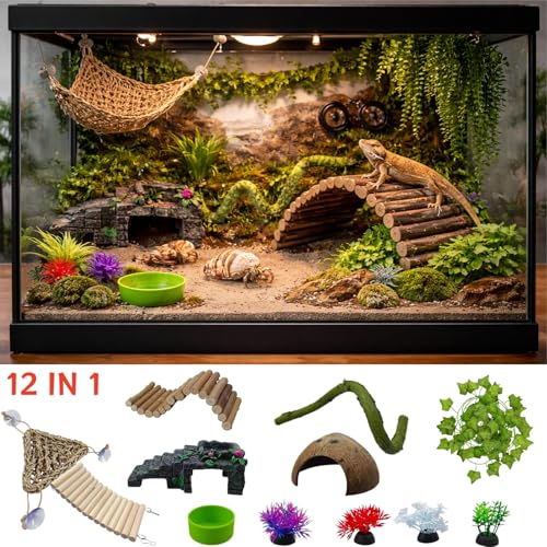 12-in-1 Hermit Crab Accessories Kit, 2026 New Kit for Bearded Dragon, Coconut Shell Hideout, Climbing Bridge, Hammock, Vines & Plants, Reptile Terrarium Decor for Gecko, Lizard, Amphibians