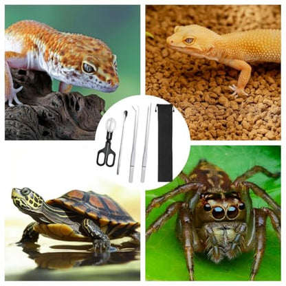 Stainless Steel Reptile Feeding Kit - Tweezers, Spoon, Clamp & Storage Bag - Long Handle Terrarium Feeding Tool for Lizards, Geckos, Spiders & Snakes