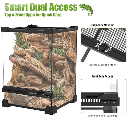 Reptile Terrarium 8"x8"x12" Mini, Front-Opening Glass Tank with Mesh Lid & Lock, 360° Glass Enclosure for Small Reptiles, Frogs, Tarantulas, Jumping Spiders & Geckos - size: 8" x 8" x 12"