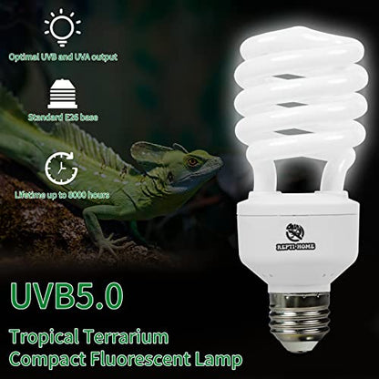 UVB Reptile Light 5.0, 26W Tropical and Sub-Tropical UVA UVB Bulb for Reptiles, Tropical Terrarium Compact Fluorescent Lamp, Reptile UVB Light Bulb for Chameleons, Iguanas, and Turtles - size: 5.0-26