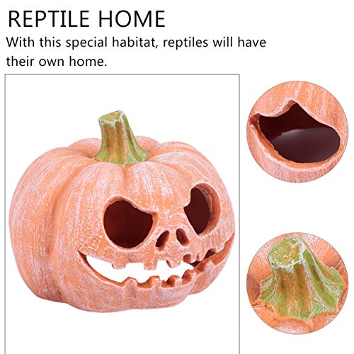 POPETPOP Pumpkin Shaped Resin Reptile Hideout Aquarium Decor Small Pet Hide Cave 3.93 Inch Halloween Habitat for Lizards and Shrimp