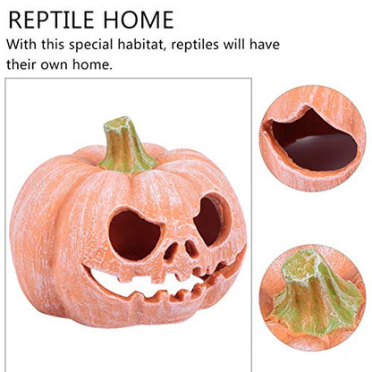 POPETPOP Pumpkin Shaped Resin Reptile Hideout Aquarium Decor Small Pet Hide Cave 3.93 Inch Halloween Habitat for Lizards and Shrimp