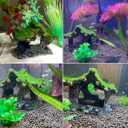 Tfwadmx Aquarium Decoration House Resin Hollow Hideout House,Small Betta Fish Hide Accessories Cave Ornament Tank Small Fish Shrimp Hideaway with Moss - size: 1PCS