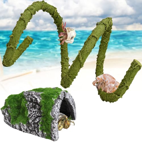 2Pcs Hermit Crab Climbing Toys Set, 39.4 in Bendable Hermit Crab Supplies, Reptile Vine Plus Reptile Hide Cave,Terrarium Accessories for Gecko Frogs Snake Habitat - color: Cave