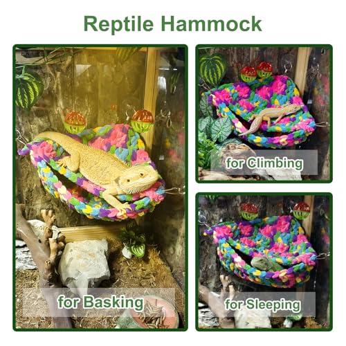 Bearded Dragon Hammock Lounger with Suction Cups Bells,Double-Layer Reptile Hammock, Soft Hanging Lizard Bed Climbing Toys Swing Tank Accessories for Lizard Gecko Chameleon Snake (Red)