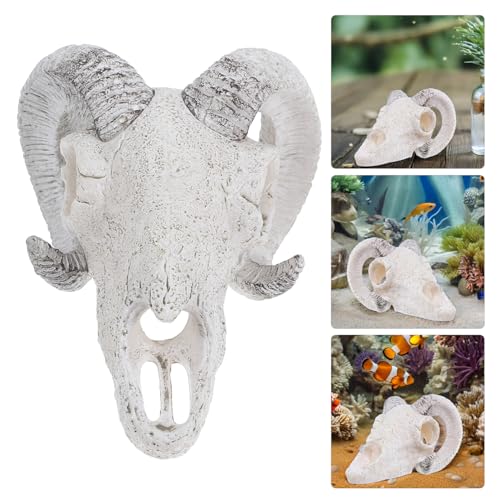 GALPADA Resin Skull Hideout Cave for Fish Tank and Reptile Terrarium, Large White Ram Skull Aquarium Shelter Decoration, Fish Tank Reptile Habitat Accessory