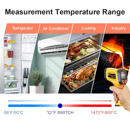 Infrared Thermometer Gun, -58℉ to 1472℉ (-50℃～800℃), High Precision Non-Contact Laser Temperature Gun with Backlit LCD, IR Thermometer for Cooking, Pizza Oven, Automotive, Industrial Use