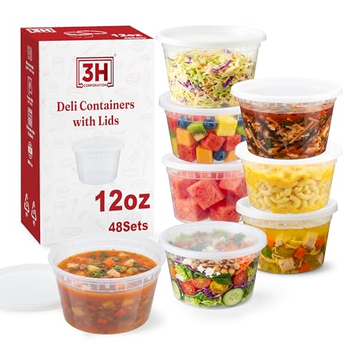 12oz Deli Containers with Lids (48 Set/96 Pcs) Small Fruit Cups with Lids, Freezer Microwave Safe, BPA-Free Stackable Airtight Leakproof Salad Dressing Condiment Dipping Sauce Cups - size: 12 oz - 48 Sets