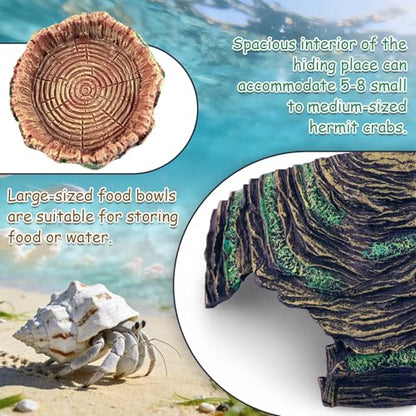 Hermit Crab Accessories Kit 5 PCS, Exclusive Hiding House + Food/Water Bowl + 3 Artificial Plants, Naturalistic Terrarium Decor for Hermit Crabs (Not for Large Reptiles)