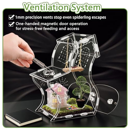 Premium 3mm Acrylic Terrarium for Jumping Spiders & Tarantulas | 5.9"x9.4"x3.5" Tall Arboreal Enclosure with Magnetic Doors & 1mm Micro-Vents | Escape-Proof Habitat for Mantis, Reptiles, Frogs