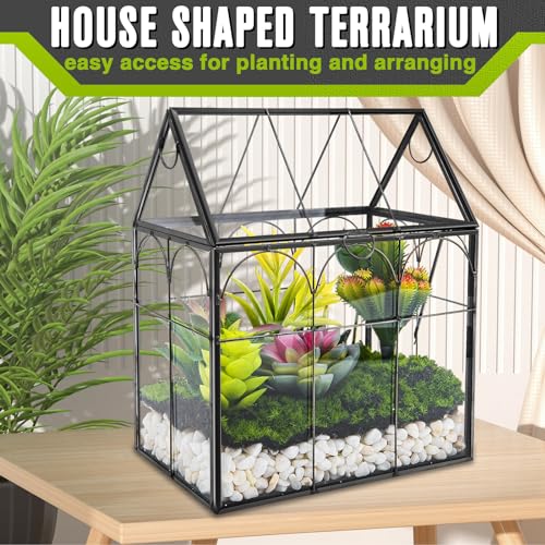 Glass Plant Terrarium with Lid - Geometric House Shaped Terrarium Planter Kit for Succulent Snails Ferns Moss Air Planter, Glass Greenhouse Indoor for Home Garden Office Decor, Tabletop Terrarium