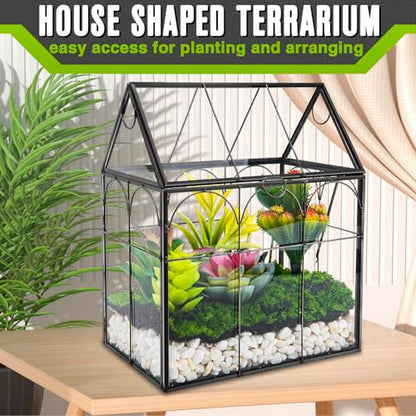 Glass Plant Terrarium with Lid - Geometric House Shaped Terrarium Planter Kit for Succulent Snails Ferns Moss Air Planter, Glass Greenhouse Indoor for Home Garden Office Decor, Tabletop Terrarium
