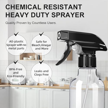 Spray Bottles 2-Pack, 10 Oz, Mist & Stream, Heavy Duty Spraying Empty Water Sprayer Bottle, BPA Free Plastic Refillable Containers for Cleaning Solutions, Plants, Hair, Essential Oils, Clear & Green