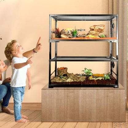 Double Stacked Reptile Tank, 30" x 12" x 32" Tall Reptiles Terrarium, Front Opening, Full Vision, Knock Down, 2 Pack 20 Gallon Glass Cage for Reptile, Bearded Dragon, Lizard, Snake, Gecko - size: 30" x 12" x 32"