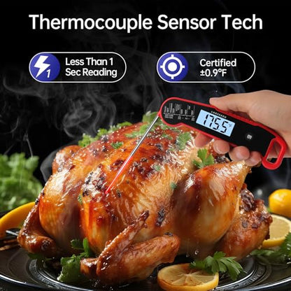 Lonicera Digital Meat Thermometer for Food Cooking. Instant Read Within 1 Sec and ±0.9℉Accuracy with Thermocouple Sensor. IP67 Waterproof, Auto-Rotating Display, Auto Wake up (Red) - color: RED