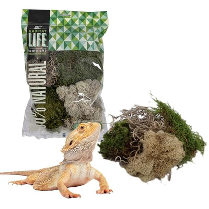 The Habitat Life - Natural Variety Pack - Mix of Reindeer, Mood, Sheet & Spanish Moss - for All Terrariums - Humidity Control - Breathable Bedding - Dye-Free & Safe - Small - 1 Pack - size: Small, style: Variety Pack