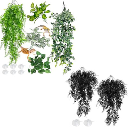 Hamiledyi 5 Pcs Reptile Plants Terrarium Hanging Fake Plant Leaves and Reptile Plants Fake Amphibian Plants 2 Pcs Artificial Leaves for Snake, Lizard, Chameleon