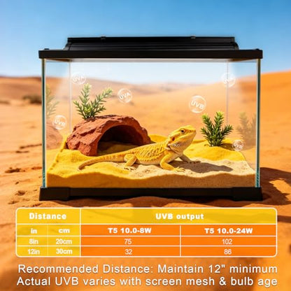 T5 UVB Reptile Light Fixture Combo Kit 8W 10.0 – Complete HO UVB Light for Reptiles with 12.44" Terrarium Hood, Desert UVB Bulb for Bearded Dragon Gecko Tortoise Lizard – Easy to Install and Use - size: 10.0-12.44 in