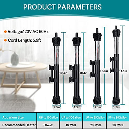 hygger ETL Certification Aquarium Heater, 50W/100W/200W/300W Submersible Fish Tank Thermostat Heater with Firm Double Pair Suction Cups for Coral Saltwater and Freshwater Tank with Thermometer (100W) - size: 100W