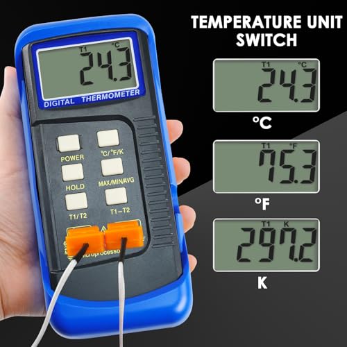 Thermocouple Thermometer Digital K Type Dual Channel Thermometer HVAC Temperature Meter with 4 Thermocouples, MAX/MIN/AVG Temperature Measurement, -50~1300°C (-58~2372°F)
