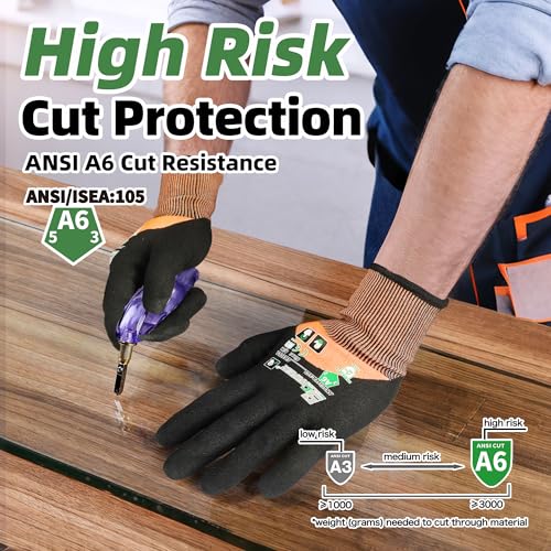Schwer ANSI A6 Cut Resistant Gloves, CR3709 Cut Proof Work Gloves, Touch-screen Cutting Gloves, 3/4 Dipped Coating for Woodworking, Glass Metal Cutting, Construction, Fishing, M,3 pairs - size: Medium, style: 3 Pairs