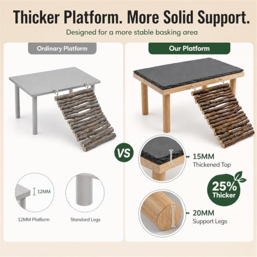 Bearded Dragon Basking Platform, Natural Slate Reptile Basking Rock with Wooden Climbing Ramp, Terrarium Habitat Decor for Lizard, Leopard Gecko, Tortoise, Snake (Large) - size: Large