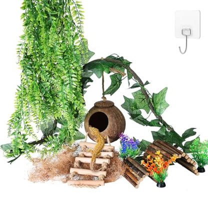 HERCOCCI Crested Gecko Tank Accessories, Reptile Hanging Plants Vines with Coconut Shell Ladder Hideout Hermit Crab Decor for Lizard, Chameleon Cage, Snakes, Hermit Crab, Leopard Gecko