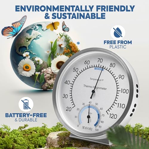 Analog Thermometer – Hygrometer – Thermometer for Indoor – Premium Stainless Steel Temperature Gauge Indicator – Battery Free Operated Temperature and Humidity Monitor – High Accuracy - Ø 12.5