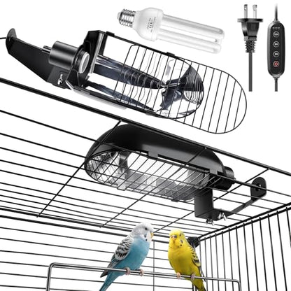 Bird Cage Light Fixture Combo Kit with Adjustable Timer,Lamp Hood with 2.4% UVB UVA 20W Compact Fluorescent Bulb for All Kinds Captive Birds Reptiles