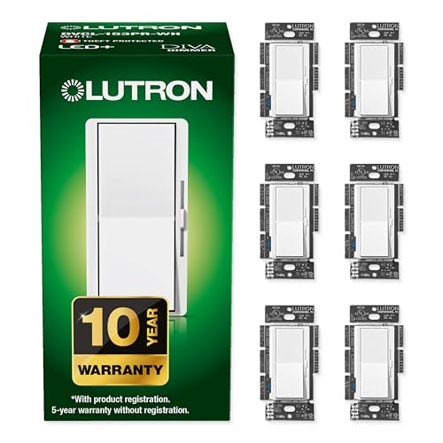 Lutron Diva LED+ Dimmer Light Switch for Dimmable LED, Halogen, and Incandescent Bulbs, 150 Watt, Single-Pole or 3-Way, DVCL-153P-WH-6, White, 6 Pack - color: White, size: 6 Pack, style: Diva Dimmer