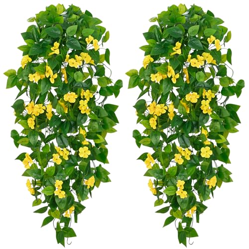 BLEUM CADE Artificial Hanging Flowers for Outdoors, 2pcs Fake Hanging Plants Pothos Vines with Yellow Flowers for Wall Home Living Room Indoor Outdoor Decor (No Baskets) - color: Vines With Flowers - Yellow, size: 2pcs