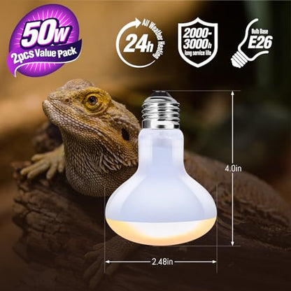 Leoterra Reptile Heat Lamp 50W Basking Spot Bulb (2 Pack) - UVA Daylight Heating for Bearded Dragon, Leopard Gecko, Turtle, Snake - E26 Terrarium Light 10-20 Gallon Winter Essential 2000+ Hours - style: B6350 Basking Light