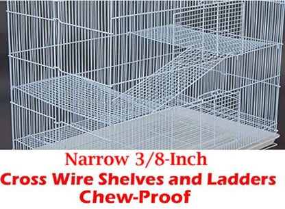 Large 3-Level Easy Foldable Bite-Proof with Tight 3/8 Inch Bar Spacing Shelves & Ladders for Ferret Chinchilla Sugar Glider Rats Mice Gerbil Mouse Metal Travel Carrier Cage Easy Clean Pull Out Tray - color: White