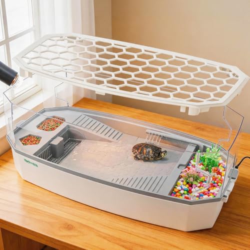 Large Turtle Tank Aquarium Kit with Basking Platform 3-Stage Filter Heating Lamp Anti-Escape Lid Complete Habitat for Aquatic Box Turtles (White, 25.4×12.2×9.5 Inch) - color: White, size: 25.4"L x 12.2"W x 9.5"H