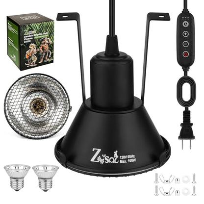 5-in-1 Reptile Heat Lamp Fixture Anti-Scald Guard 4.7 Inch Hanging Dome Light Fixture with Timer & 2 Pack 50W Halogen Basking Bulb for Bearded Dragon, Gecko, Turtle, Chameleon