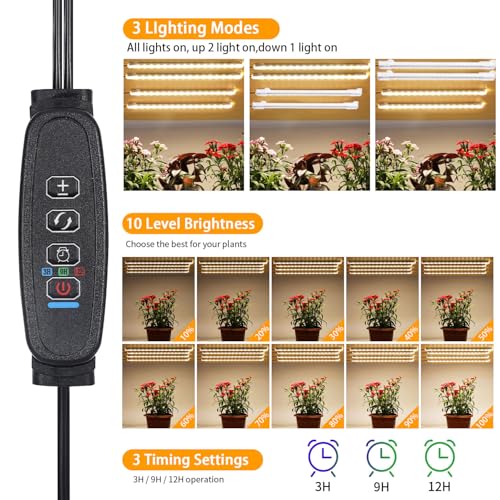 RWNTAO 8.6 Inches LED Plant Growing Light Strips, Full Spectrum 3000K Grow Light for Indoor Plants with 3/9/12H Timer, 10 Dimmable Levels for Seedling Succulent and Plant Shelf (4 Head×2pcs) - size: 8.6Inch 4 Head 2 Pack
