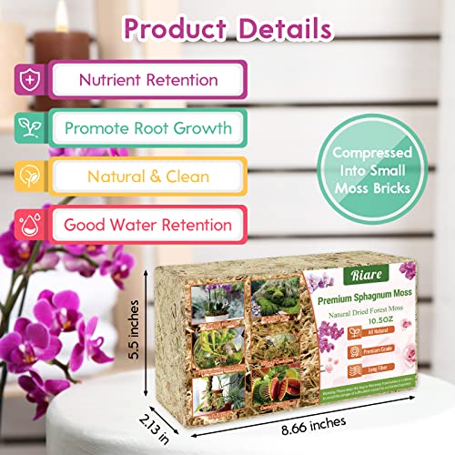 Riare 10 OZ Premium Sphagnum Moss- Natural Long Fibered Sphagnum Peat Moss Plants Moss Dried, Carnivorous Plants Moss Orchid Potting Mix for Orchids, Carnivorous Plants, Succulent (12QT) - size: 12QT/10oz