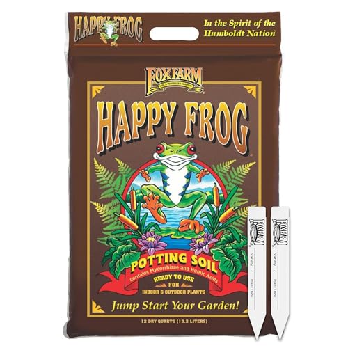 FoxFarm Happy Frog Potting Soil with 2 Plant Tags, 12 Quarts – Ready-to-Use Amended Container Blend with Soil Microbes, Earthworm Castings & Bat Guano – for Indoor & Outdoor Plants - size: 12 Quarts with Tags