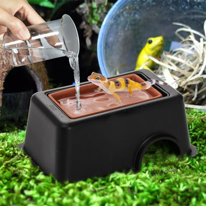 2 Pack Reptile Hide Box, Small Animal Hideout Plastic Hide Cave with Sink Humidifier, Pet Habitat Decor Hideaway Hut with Flexible Leaves for Lizard Gecko Snake Leopard Spider Turtle Amphibian