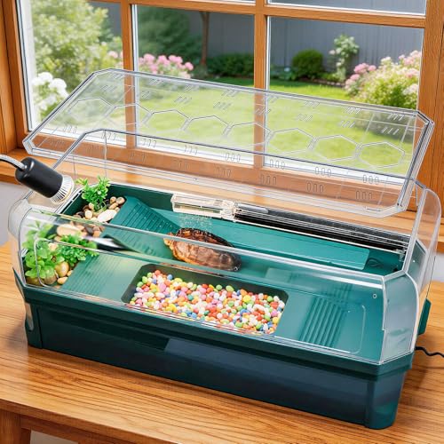 Turtle Tank Kit with 3-Stage Filter, Basking Platform & Heat Lamp - Turtle Aquarium Habitat for Water Turtles, Enclosure or Hermit Crab Tank, Easy Drain Starter Kit Green, 25.9x13.1x11.0 in - color: Green, size: 25.9x13.1x11.0 Inch