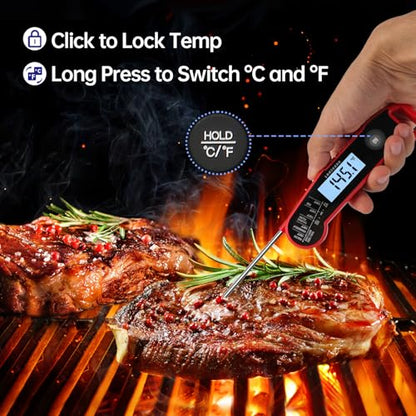Lonicera Digital Meat Thermometer for Food Cooking. Instant Read Within 1 Sec and ±0.9℉Accuracy with Thermocouple Sensor. IP67 Waterproof, Auto-Rotating Display, Auto Wake up (Red) - color: RED