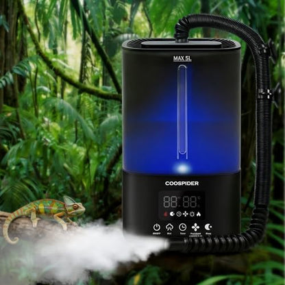 COOSPIDER Reptile Fogger Humidifier, Automatic Humidifiers for Reptiles Tank, Terrarium Humidifier with Timer Humidity Control, Reptile Mister for Amphibians Herps Vivarium (Black, 5L/1.32GAL) - color: Black