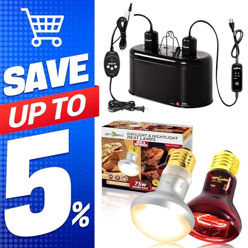 REPTI ZOO Dual Reptile Light Fixture with Dimming Thermostat and Timer & 75W Reptile Heat Lamp Bulb Day & Night Basking Spot Light Combo Pack
