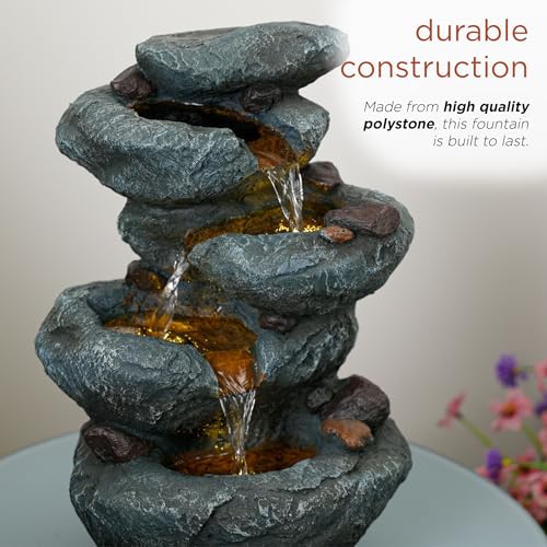 Alpine Corporation TZL418 14" 3 Tier Rock Fountain with LED Lights, Elegant Cascading Water Feature for Tabletop, Indoor Decor, Relaxing Stone Waterfall for Home & Office, Gray - style: Elegant Rock w/ LED Lights