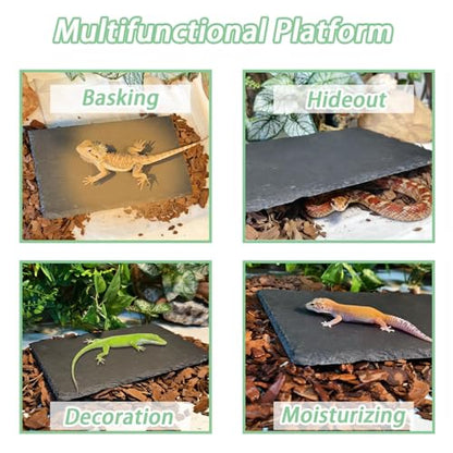 Reptile Basking Platform,7.9"x3.9" Bearded Dragon Basking Slate Rock with Bark Substrate,Tortoise Rock Plate Feeding Dish Resting Climbing Tank Accessories for Lizards Snakes Turtles Gec - size: S | 7.9" x 3.9"Slate Rock with Bark Substrate