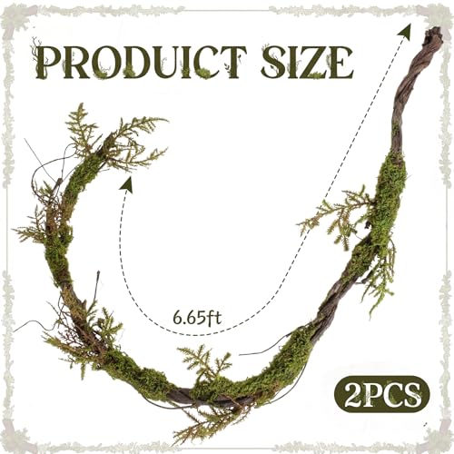 Tigeen 2 Pcs 6.56 Ft Large Bendable Artificial Tree Branches with Fake Moss and Ferns Sturdy Hanging Fake Plants Branches Vine for 3D Gardens Jungle Themed Parties and Wedding Arch Decorations